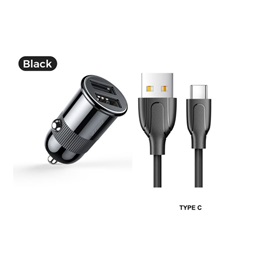 Joyroom C-A06 3.1A 2xUSB Autós Töltőfej + USB Type-C 1M Adatkábel - Fekete