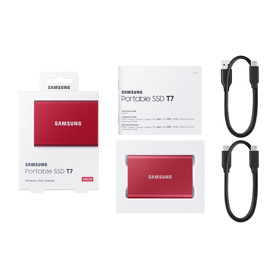 T7 external USB 3.2 500GB SSD, piros
